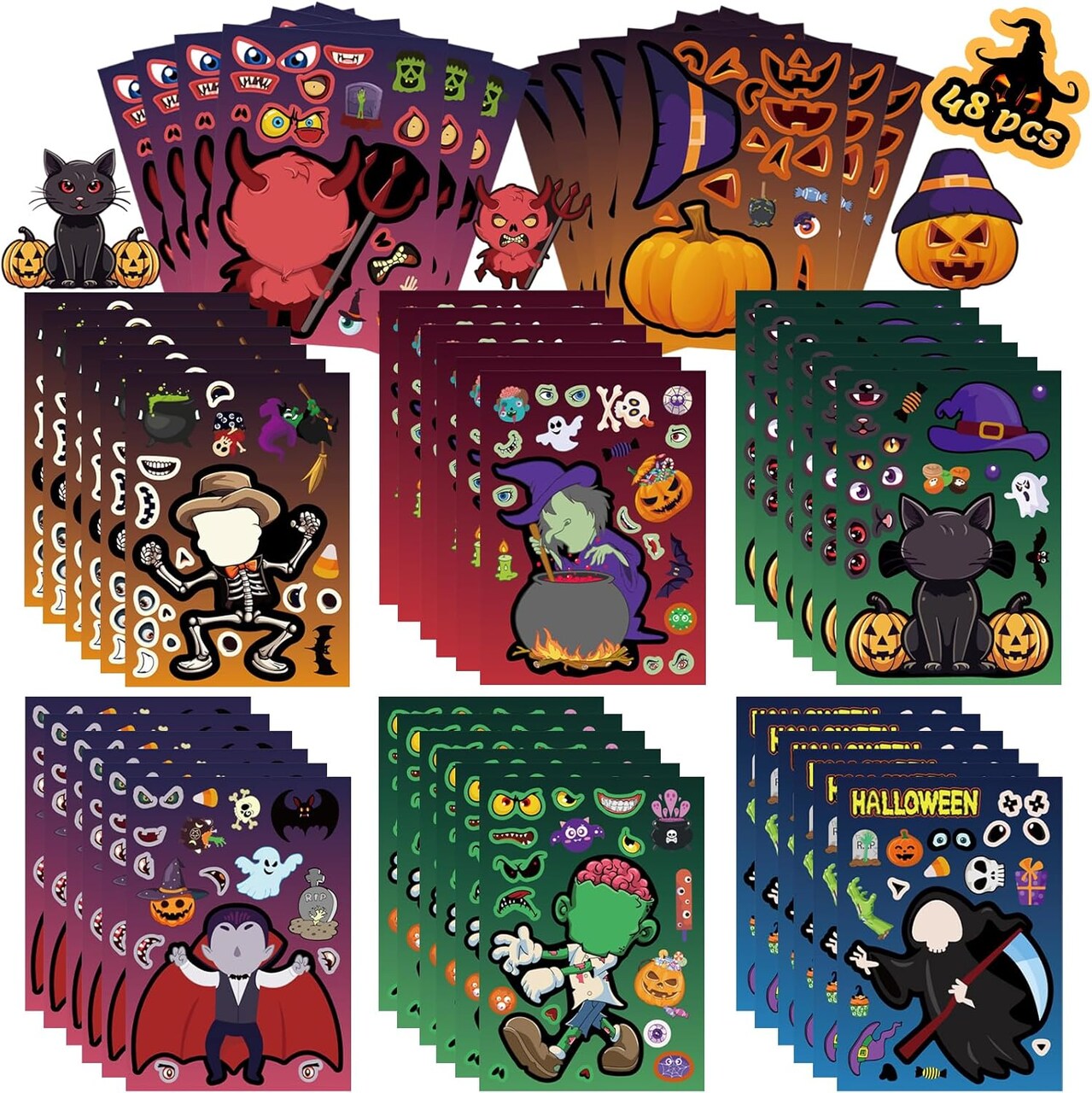 Halloween Crafts Stickers 48 PCS Halloween Classroom Favors Stickers, Cute Halloween Party Games Supplies Halloween Toys Gifts Witch, Zombie, Pumpkin